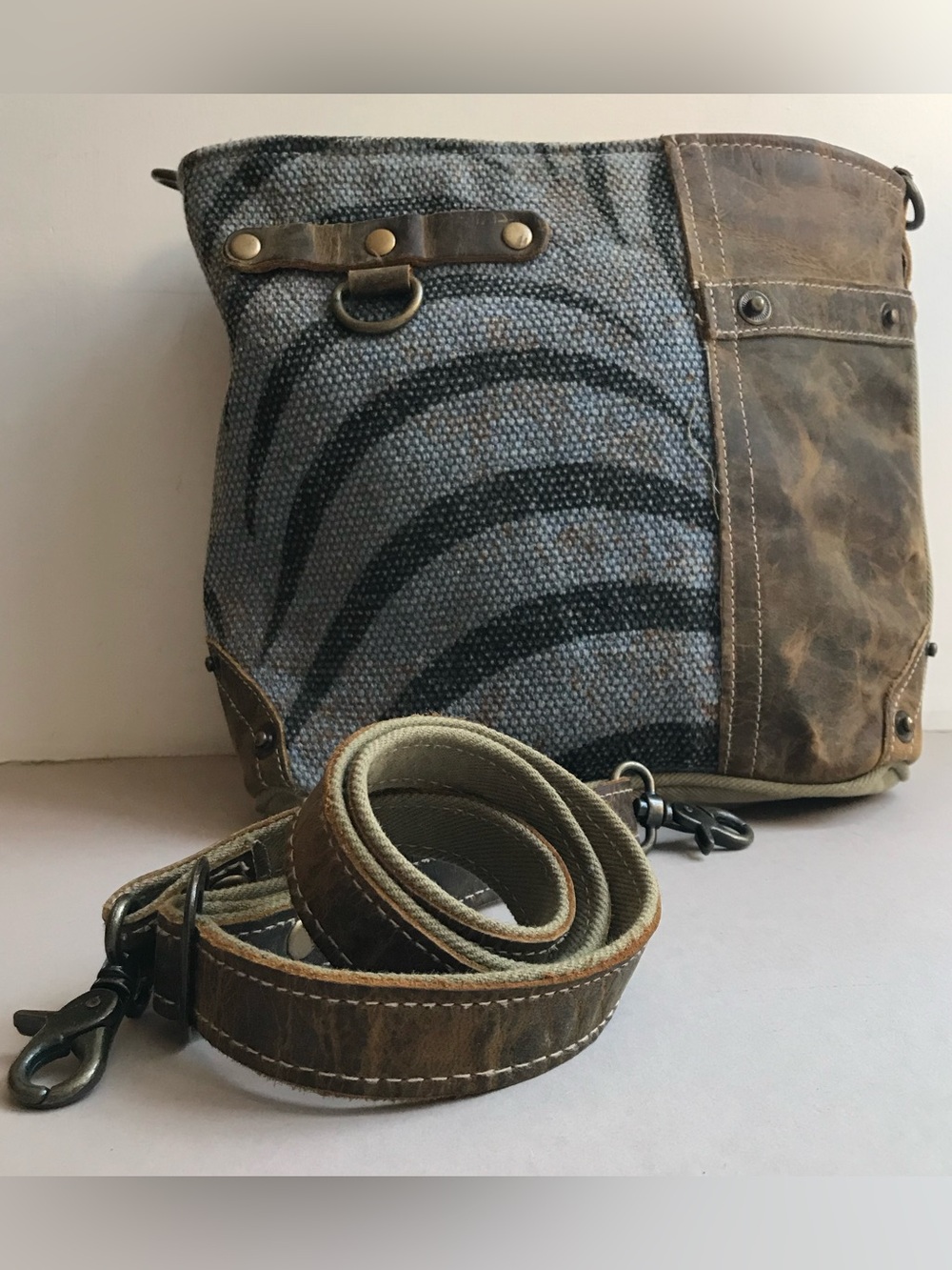 Myra Bag Patchwork Brown Green Blue Patterned Leather Canvas Crossbody Bag
